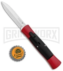 AKC 007 Concord Red/Black OTF Automatic Knife - Dagger Satin -AKC Knives Shop AKC 007 Concord OTF Red Satin Dagger GX 30498 jr bottlecap large