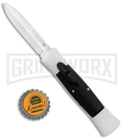 AKC 007 Concord White/Black OTF Automatic Knife - Dagger Satin -AKC Knives Shop AKC 007 Concord OTF White Satin Dagger GX 30495 jr bottlecap large