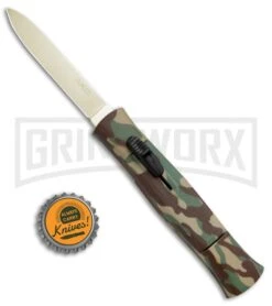 AKC 077 Concord Green Camo OTF Automatic Knife - Flat Gold Plain -AKC Knives Shop AKC 077 Concord OTF Green Camo Gold BHQ 72047 jr bottlecap 2 large