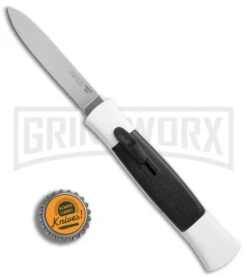 AKC 077 Concord White/Black OTF Automatic Knife - Flat Satin Plain -AKC Knives Shop AKC 077 concord white black satin flat BHQ 52355 er bottlecap large