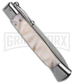 AKC Italian Stiletto Swinguard White Pearlex Automatic Knife - Polish Plain -AKC Knives Shop AKC 10in Italian Stiletto Swinguard White Pearlex Automatic Knife Polish Plain GX 41442 hd side large