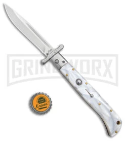 Italian Style 11" Roma White Pearlex Auto Swinguard - Drop Point Polish Plain -AKC Knives Shop AKC 11in Roma Auto Swinguard DP White Pearlex Polished BHQ 152966 jr bottlecap large