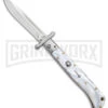 Italian Style 11" Roma White Pearlex Auto Swinguard - Drop Point Polish Plain -AKC Knives Shop AKC 11in Roma Auto Swinguard DP White Pearlex Polished BHQ 152966 jr large
