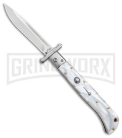 Italian Style 11" Roma White Pearlex Auto Swinguard - Drop Point Polish Plain