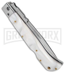 Italian Style 11" Roma White Pearlex Auto Swinguard - Drop Point Polish Plain -AKC Knives Shop AKC 11in Roma Auto Swinguard DP White Pearlex Polished BHQ 152966 jr side large