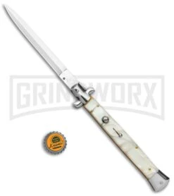 AKC 13" White Pearlex Automatic Dagger Stiletto Knife (Satin Plain) -AKC Knives Shop AKC 13in White Pearlex Handle Auto Stiletto Dagger GX 6333 jr bottlecap large