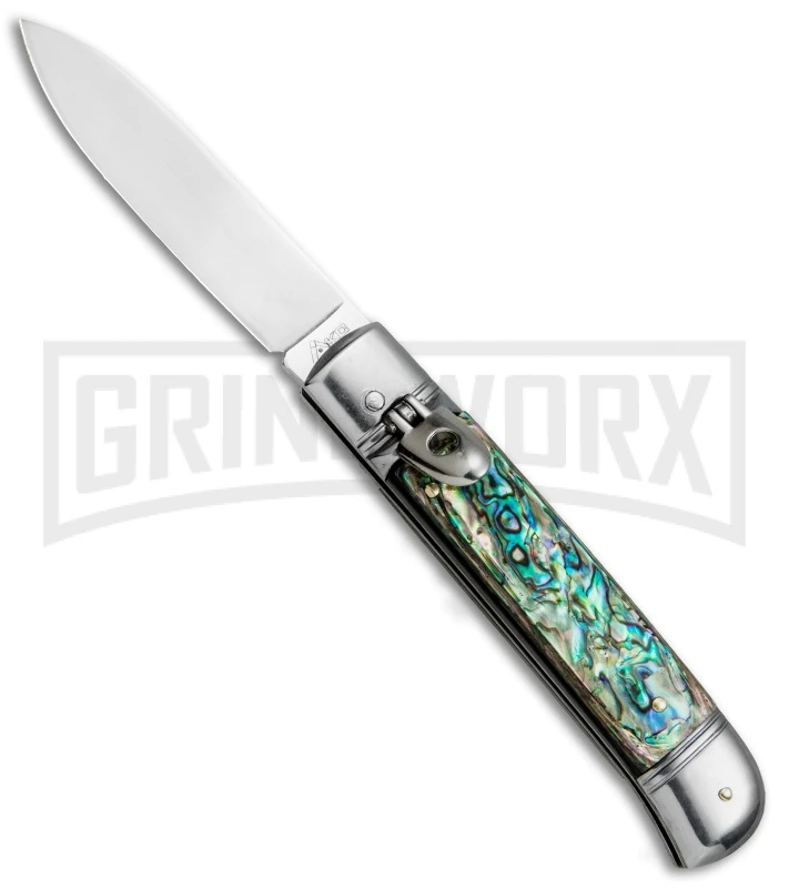 AKC 8" Italian Stiletto Leverlock Abalone Automatic Knife - Flat 3 AKC 8" Italian Stiletto Leverlock Abalone Automatic Knife - Flat