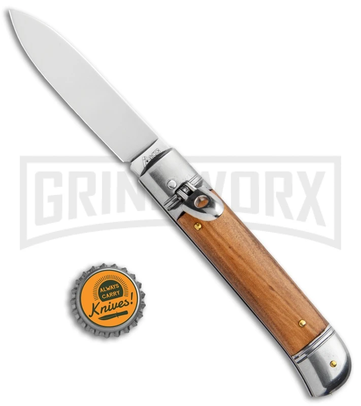 AKC 8" Lever Lock Olive Wood Automatic Knife - Flat Plain 6 AKC 8" Lever Lock Olive Wood Automatic Knife - Flat Plain - Image 4