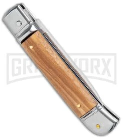 AKC 8" Lever Lock Olive Wood Automatic Knife - Flat Plain 8 AKC 8" Lever Lock Olive Wood Automatic Knife - Flat Plain -AKC Knives Shop AKC 8in LL Italian Auto Olive Wood Polish Flat BHQ 104108 jr side large