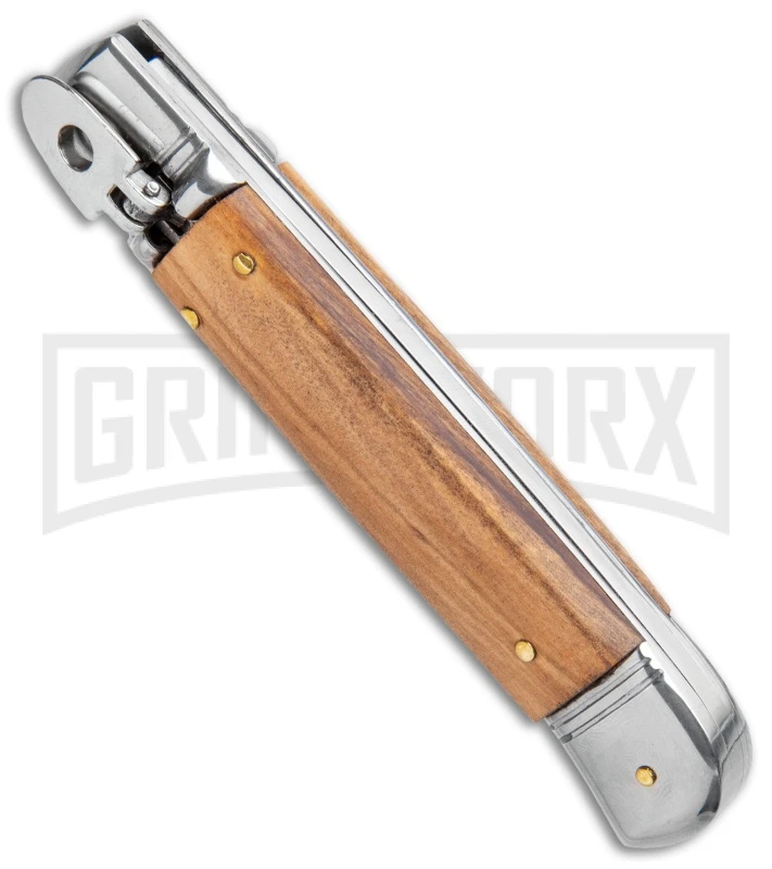 AKC 8" Lever Lock Olive Wood Automatic Knife - Flat Plain 4 AKC 8" Lever Lock Olive Wood Automatic Knife - Flat Plain - Image 2