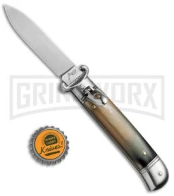 AKC 8" Shot Shell Puller Lever Lock Brazilian Horn Automatic Knife - Flat Plain -AKC Knives Shop AKC 8in Shot Puller LL Brazilian Horn BP 19886 jr bottlecap large