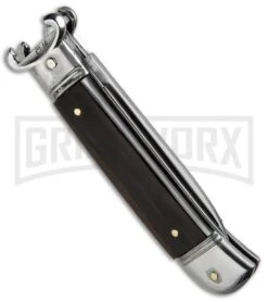 AKC 8" Shot Shell Puller Lever Lock Brazilian Horn Automatic Knife - Flat Plain -AKC Knives Shop AKC 8in Shot Puller LL Brazilian Horn BP 19886 jr side large