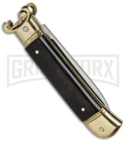 AKC 8" Shot Shell Puller Lever Lock Ebony W/ Brass Automatic Knife - Flat Plain -AKC Knives Shop AKC 8in Shot Puller LL Ebony Wood Brass BP 19885 jr side large