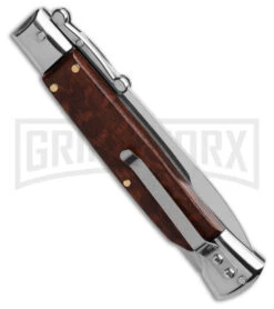 AKC 9" Snakewood Automatic Swinguard Knife Italian Stiletto - Satin Plain -AKC Knives Shop AKC 9in Bayonet AK Swinguard Italian Stiletto Snakewood 4in Satin BHQ 158041 td side large