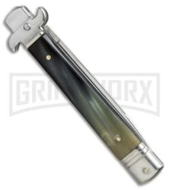 AKC 9" Leverletto Brazillian Horn Automatic Knife - Swedge Grind 7 AKC 9" Leverletto Brazillian Horn Automatic Knife - Swedge Grind -AKC Knives Shop AKC 9in leverletto brazillian horn swedge BP 18824 er side large