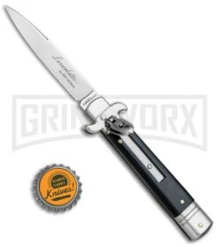 AKC Bill DeShivs 7.5" Leverletto Ebony Wood Automatic Knife - Satin Plain -AKC Knives Shop AKC Bill DeShivs Leverletto Ebony Wood Satin Plain BP 26642 jr bottlecap large