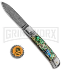 AKC 8" Italian Stiletto Lever Lock Abalone Automatic Knife - Damascus Plain -AKC Knives Shop AKC Classic 8in LL Abalone Damascus Flat BP 30459 jr bottlecap large