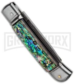 AKC 8" Italian Stiletto Lever Lock Abalone Automatic Knife - Damascus Plain -AKC Knives Shop AKC Classic 8in LL Abalone Damascus Flat BP 30459 jr side large