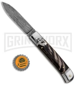 AKC 8" Italian Stiletto Lever Lock Dark Horn Automatic Knife - Damascus Plain 9 AKC 8" Italian Stiletto Lever Lock Dark Horn Automatic Knife - Damascus Plain -AKC Knives Shop AKC Classic 8in LL Dark Horn Damascus Flat BP 30457 jr bottlecap large