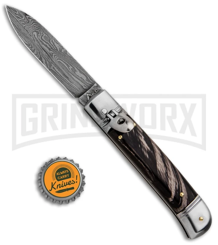AKC 8" Italian Stiletto Lever Lock Dark Horn Automatic Knife - Damascus Plain 6 AKC 8" Italian Stiletto Lever Lock Dark Horn Automatic Knife - Damascus Plain - Image 4