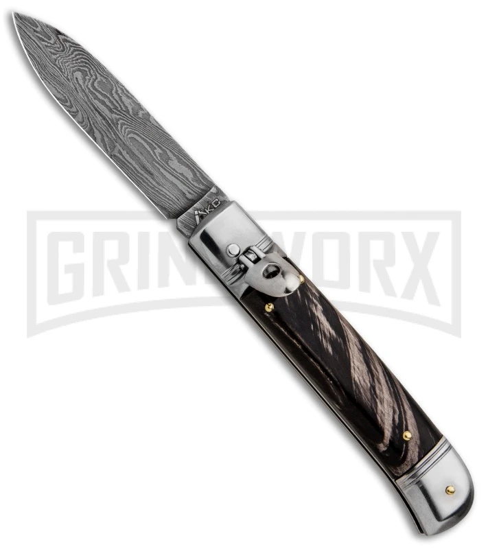 AKC 8" Italian Stiletto Lever Lock Dark Horn Automatic Knife - Damascus Plain 3 AKC 8" Italian Stiletto Lever Lock Dark Horn Automatic Knife - Damascus Plain