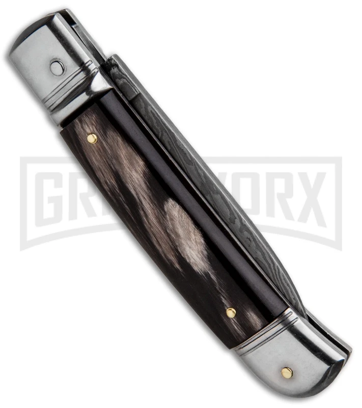 AKC 8" Italian Stiletto Lever Lock Dark Horn Automatic Knife - Damascus Plain 5 AKC 8" Italian Stiletto Lever Lock Dark Horn Automatic Knife - Damascus Plain - Image 3