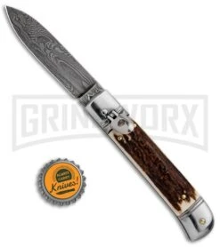 AKC 8" Italian Stiletto Lever Lock Stag Automatic Knife - Damascus Plain 9 AKC 8" Italian Stiletto Lever Lock Stag Automatic Knife - Damascus Plain -AKC Knives Shop AKC Classic 8in LL Stag Horn Damascus Flat BP 30458 jr bottlecap large