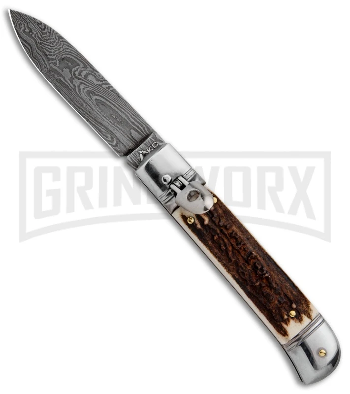 AKC 8" Italian Stiletto Lever Lock Stag Automatic Knife - Damascus Plain 3 AKC 8" Italian Stiletto Lever Lock Stag Automatic Knife - Damascus Plain