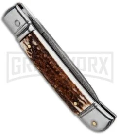AKC 8" Italian Stiletto Lever Lock Stag Automatic Knife - Damascus Plain 8 AKC 8" Italian Stiletto Lever Lock Stag Automatic Knife - Damascus Plain -AKC Knives Shop AKC Classic 8in LL Stag Horn Damascus Flat BP 30458 jr side large