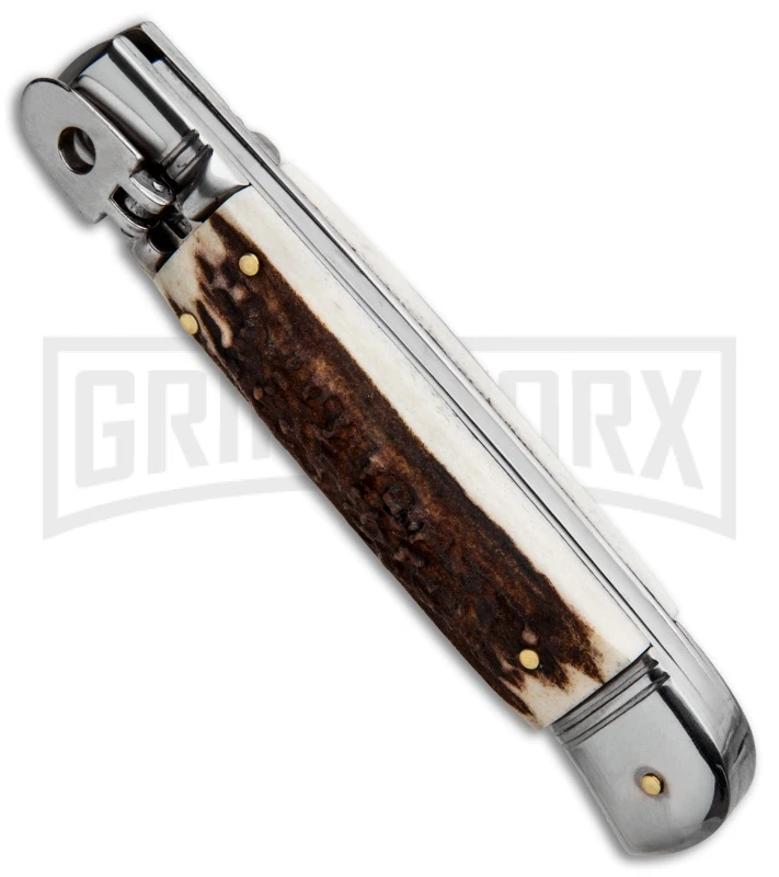 AKC 8" Italian Stiletto Lever Lock Stag Automatic Knife - Damascus Plain 4 AKC 8" Italian Stiletto Lever Lock Stag Automatic Knife - Damascus Plain - Image 2