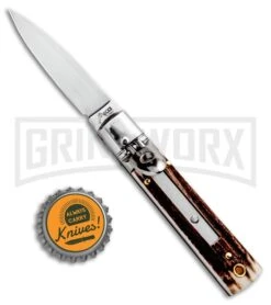 AKC 6" Mini Classic Lever Lock Stag Automatic Knife - Satin Plain -AKC Knives Shop AKC Classic LL Stag BHQ 50855 jr bottlecap large