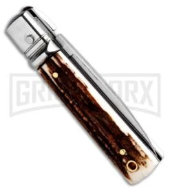 AKC 6" Mini Classic Lever Lock Stag Automatic Knife - Satin Plain -AKC Knives Shop AKC Classic LL Stag BHQ 50855 jr side large
