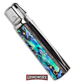 AKC 6" Mini Classic Lever Lock Abalone Automatic Knife - Satin Plain -AKC Knives Shop AKC Classic Lever Lock Abalone BHQ 94620 ns.side large