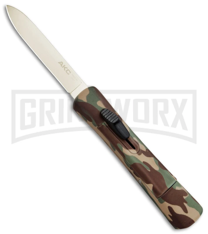 AKC Concord Camo Rubber OTF Automatic Knife - Gold Plain 3 AKC Concord Camo Rubber OTF Automatic Knife - Gold Plain