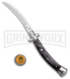AKC Curved Stiletto Black Marble Automatic Knife W/Bottom Bolster - Satin Plain -AKC Knives Shop AKC Curved Stiletto Black Marble Auto Satin GX 41027 jr bottlecap large
