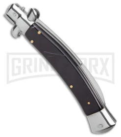 AKC Curved Stiletto Black Marble Automatic Knife W/Bottom Bolster - Satin Plain -AKC Knives Shop AKC Curved Stiletto Black Marble Auto Satin GX 41027 jr side large