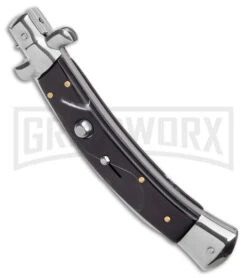 AKC Knives Shop -AKC Knives Shop AKC Curved Stiletto Black Marble Auto Satin GX 41027 jr spine large