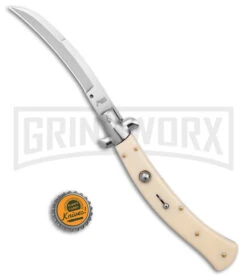 AKC Curved Stiletto Ivory Automatic Knife - Satin Plain -AKC Knives Shop AKC Curved Stiletto Ivory Auto Satin GX 41026 jr bottlecap large