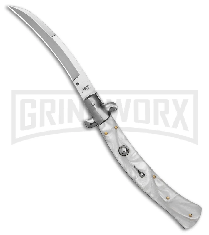 AKC Curved Stiletto White Pearlex Automatic Knife - Bayo Satin 3 AKC Curved Stiletto White Pearlex Automatic Knife - Bayo Satin
