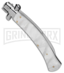 AKC Curved Stiletto White Pearlex Automatic Knife - Bayo Satin 8 AKC Curved Stiletto White Pearlex Automatic Knife - Bayo Satin -AKC Knives Shop AKC Curved Stiletto White Pealex AK 4in Satin GX 41021 td side large