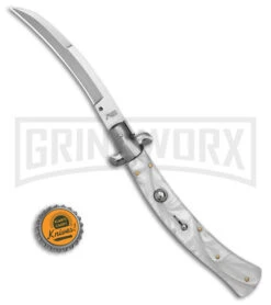 AKC Curved Stiletto White Pearlex Automatic Knife - Bayo Satin 9 AKC Curved Stiletto White Pearlex Automatic Knife - Bayo Satin -AKC Knives Shop AKC Curved Stiletto White Pealex AK 4in Satin GX 41021 td size large