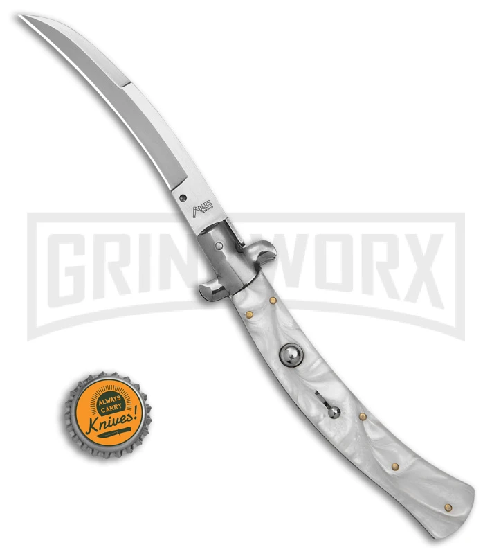 AKC Curved Stiletto White Pearlex Automatic Knife - Bayo Satin 6 AKC Curved Stiletto White Pearlex Automatic Knife - Bayo Satin - Image 4