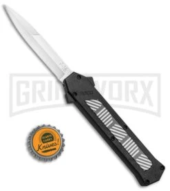 AKC F-16 Black/Stripe Inlay D/A OTF Automatic Knife - Bayo Satin Plain -AKC Knives Shop AKC F 16 Black Stripe Inlay DA OTF Bayo Satin Plain BP 25394 jr bottlecap large