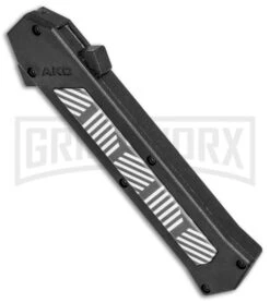 AKC F-16 Black/Stripe Inlay D/A OTF Automatic Knife - Bayo Satin Plain -AKC Knives Shop AKC F 16 Black Stripe Inlay DA OTF Bayo Satin Plain BP 25394 jr spine large