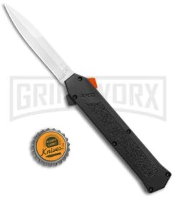 AKC F-16 Black D/A OTF Automatic Knife + Orange Button - Bayo Satin Plain -AKC Knives Shop AKC F 16 DA Bayo OTF Auto Black Orange Button Satin BHQ 102935 jr bottlecap large