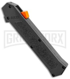 AKC F-16 Black D/A OTF Automatic Knife + Orange Button - Bayo Satin Plain -AKC Knives Shop AKC F 16 DA Bayo OTF Auto Black Orange Button Satin BHQ 102935 jr spine large