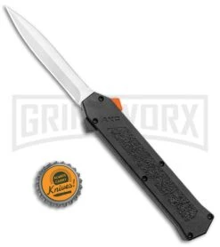 AKC F-16 Black D/A OTF Automatic Knife + Orange Button - Dagger Satin Plain -AKC Knives Shop AKC F 16 DA Dagger OTF Auto Black Orange Button Satin BHQ 98892 jr bottlecap large