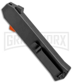 AKC F-16 Black D/A OTF Automatic Knife + Orange Button - Dagger Satin Plain -AKC Knives Shop AKC F 16 DA Dagger OTF Auto Black Orange Button Satin BHQ 98892 jr side large