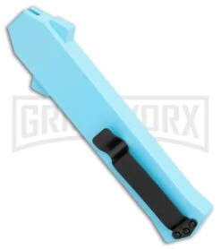 AKC F-16 Teal D/A OTF Automatic Knife - Dagger Two Tone Plain -AKC Knives Shop AKC F 16 DA Dagger OTF Auto Teal TT BHQ 109160 jr side large
