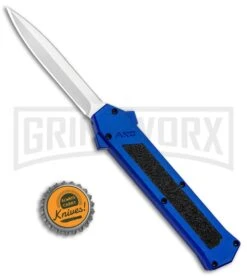 AKC F-16 Blue D/A OTF Automatic Knife - Dagger Satin Plain -AKC Knives Shop AKC F 16 DA Dagger OTF Blue Satin BHQ 93753 jr bottlecap large